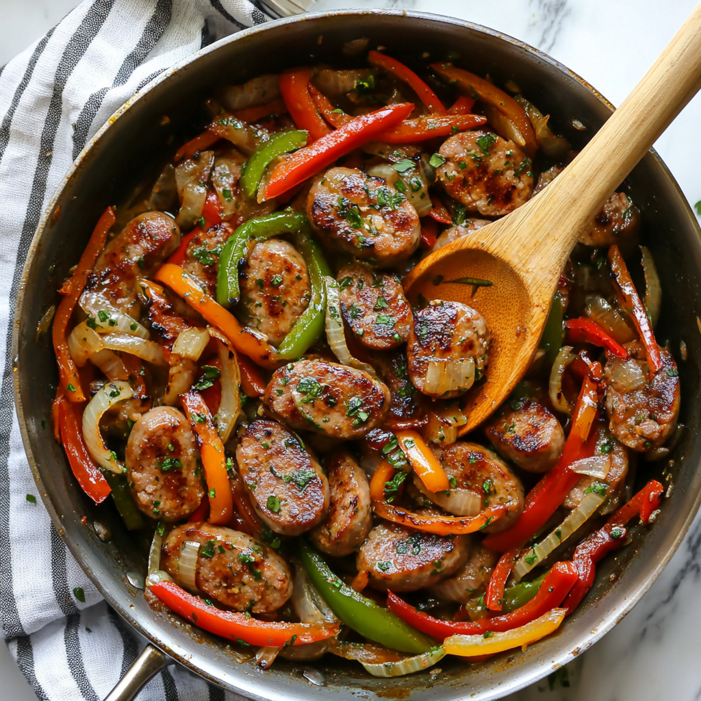 Simmering sausages with peppers and onions